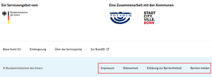 Screenshot der Fußzeile des Serviceportals Migration Deutschland mit Fokus auf Impressum, Datenschutzhinweise und Barrierefreiheit