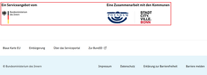Screenshot der Fußzeile des Serviceportals Migration Deutschland mit Fokus auf die Logos des BMi und der Pilotkommunen