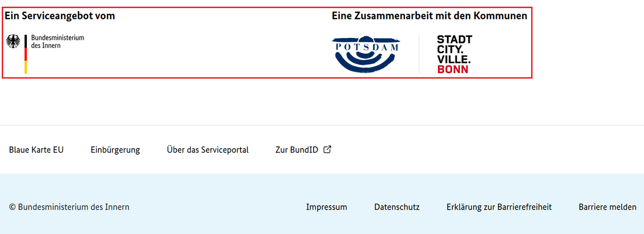 Screenshot der Fußzeile des Serviceportals Migration Deutschland mit Fokus auf die Logos des BMi und der Pilotkommunen
